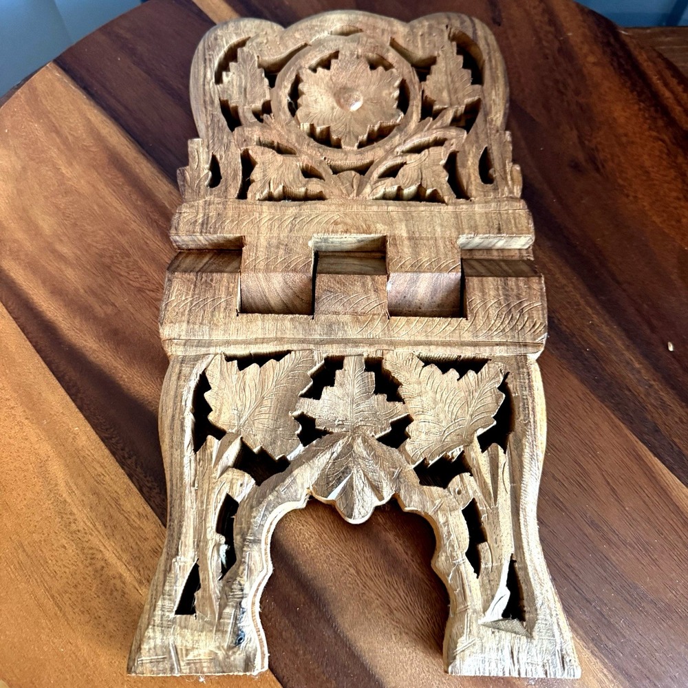 Vintage Hand Carved Wooden Book Stand Folding Rehal Display Holder Boho Decor - Picture 4 of 4